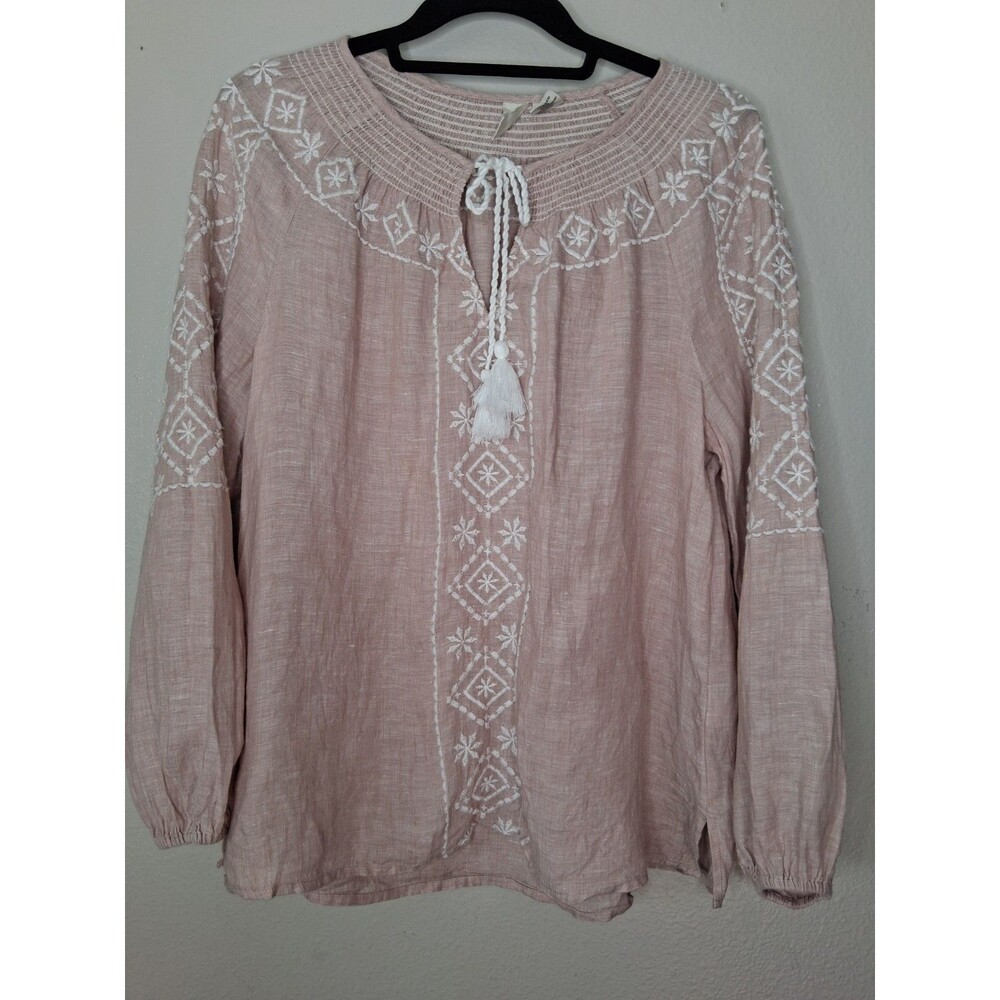 Joie Linen Embroidered Peasant Boho Blouse Tassel Tie Long Sleeve Dusty Pink M